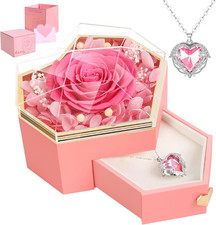 Preserved Pink Real Rose with Necklace Forever Flowers Diamond Shaped Box for Mo