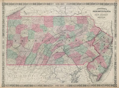 Johnsons Pennsylvania und New Jersey. US State Map zeigt Grafschaften 1865