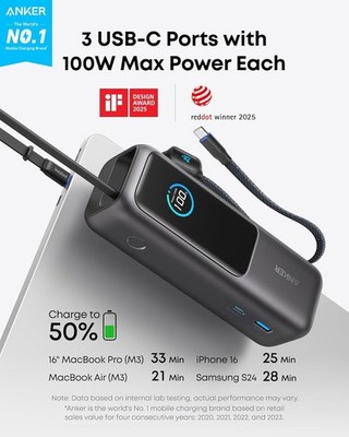 Anker Prime 20000mAh 200W USB-C Portable Power Bank - Black