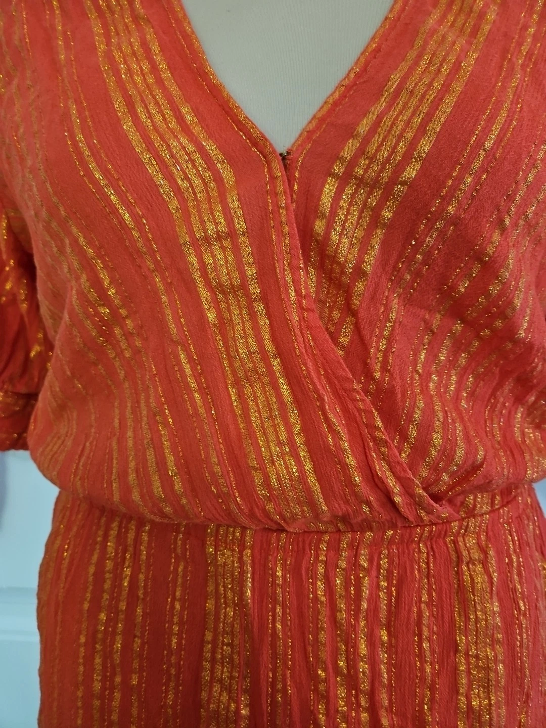 Abito donna Michael Kors arancione oro righe metallizzate scollo a V finto avvolgente taglia XL