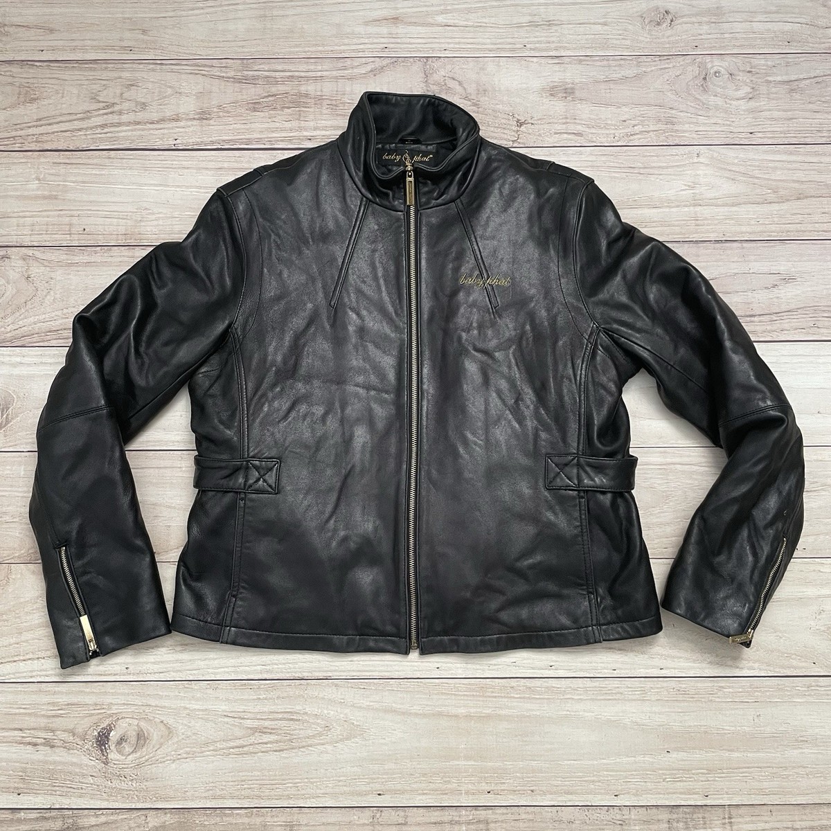 Vintage Y2K Baby Phat Black Gold Logo Women's XL Leather Jacket