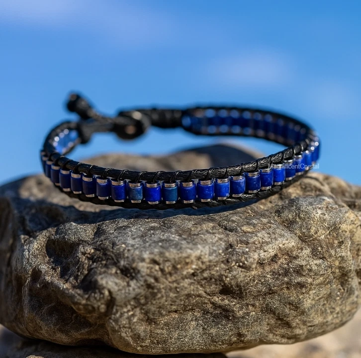 Винтажная мужская бижутерия браслет премиум-класса из натуральной хрустальной кожи с лазуритом - Изображение 2 из 4