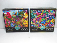 Lot of 2 - 1000 Piece Puzzles Hummingbird Garden / Butterflies Buffalo Games