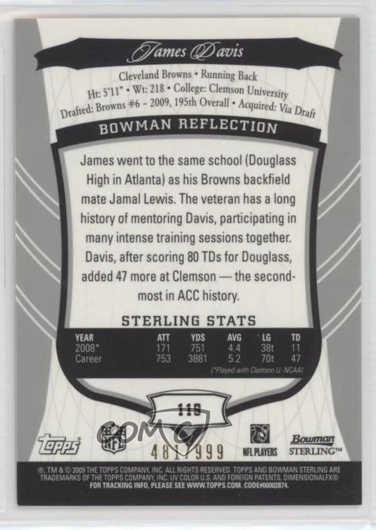 2009 Bowman Sterling /999 James Davis #119 Rookie Auto RC - Image 2 of 2