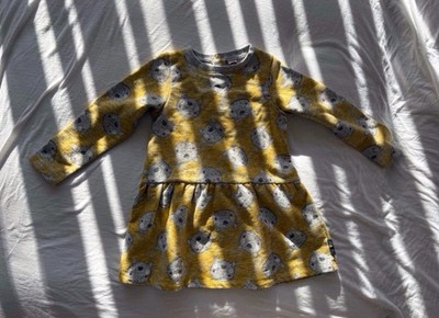 tuc tuc Girls Yellow Cat Animal Print Knit Fit & Flare Dress Long Sleeve 3T 