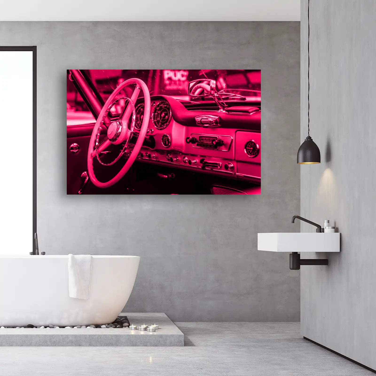 Volante Auto D'epoca Classico Guidatore Rosa Stampa Tela Grande Quadro - Miniatura 5