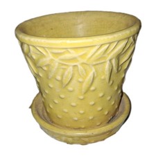 Vintage McCoy Yellow Quilted Leaves Pattern Planter with Attached Saucer 3.5