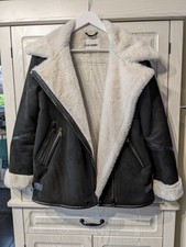 Steve Madden Faux Fur Aviator Biker Jacket Size Uk8 Black And Cream