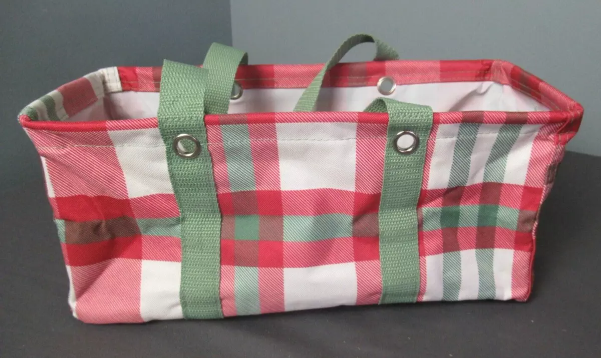 NWOT Thirty One Tiny Utility Tote - Red & Green Plaid - Wire Frame - 13 1/2  c vh