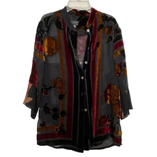 citron top size Small black sheer velvet beaded 3/4 sleeve floral blouse