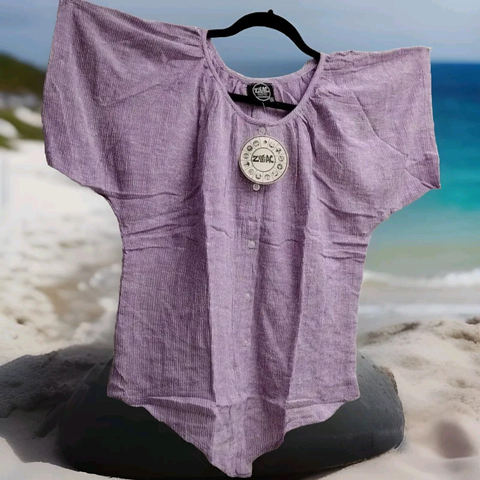 1970s Lavender Shirt Crinkle India Cotton S / MED Hippie Boho Caftan DEADSTOCK - Image 2 of 4