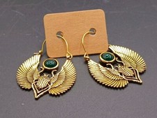 New Egyptian Revival Winged Scarab Hoop Metal Earrings