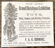 Antique 1887 F.A.O.SCHWARZ NYC Toy Store Vtg Xmas Print Ad~Victorian Santa&Tree!