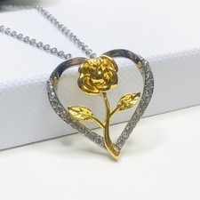 Sparkling Rhinestone Rose Flower Decor Heart Shaped Pendant Necklace Jewelry