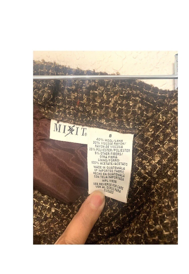 复古 Mixit 女式 8 码棕色奶油粗花呢裙羊毛混纺直学院风 — 第 3/4 张图片