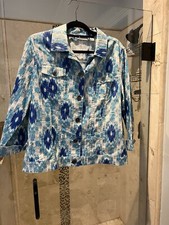 CHICOS Linen Jacket Size 2 Large 10 12 Blue White Watercolor Cruise Fall Light