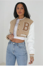 Brave Soul "lucy" Cropped Varsity Bomber Jacket In Stone Size 16 Bnwts