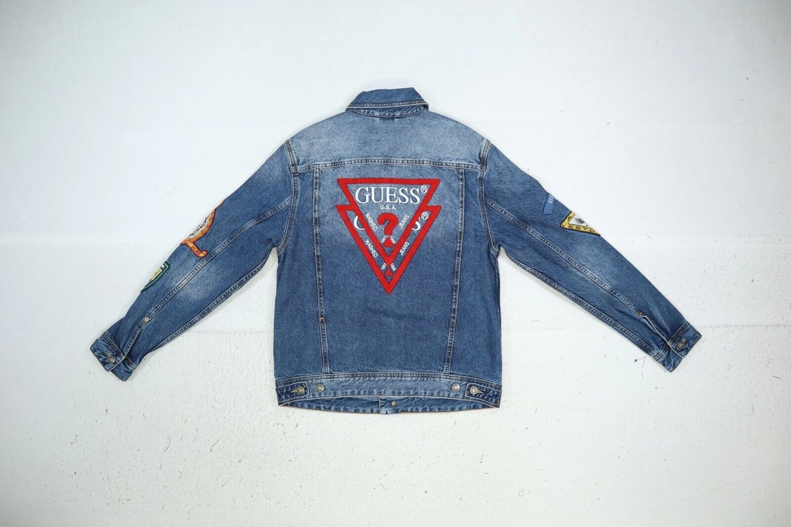 Guess Dean Signature Denim Jacket Blue Jean Embroidered Patch Button Front Men S - product detail image 5