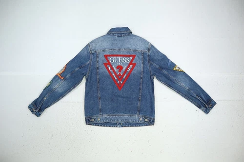 Guess Dean Signature Denim Jacket Blue Jean Embroidered Patch Button Front Men S image 5