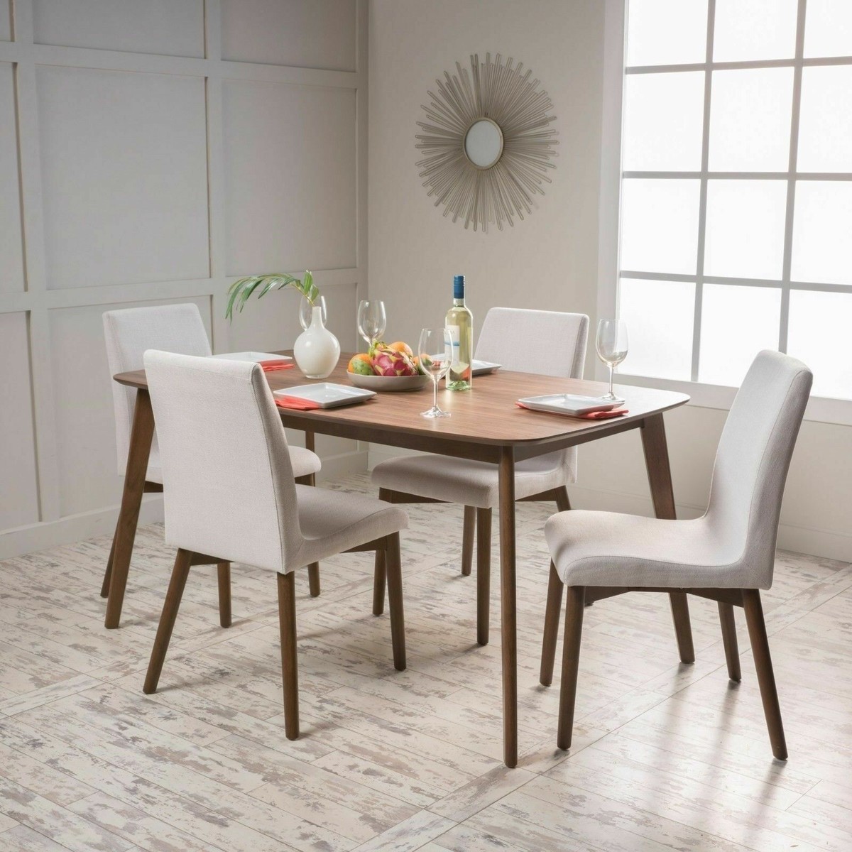 Oneida Mid-Century Modern Piece Dining Set, Light Beige and Walnut