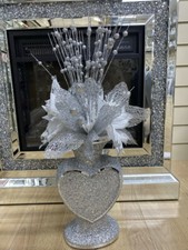 Crushed Diamond Vase With Flowers Heart Silver Mosaic Romany Glitter Bling 30 cm