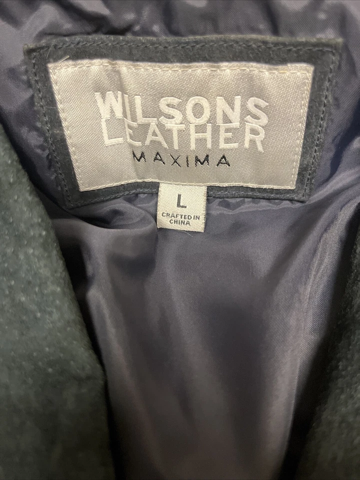 Gabardina Wilsons Leather Máxima azul oscuro cuero gamuza flecos para mujer talla L Foto 3 de 4
