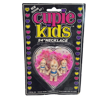 VINTAGE 1985 EMSON CUPIE KIDS 24'' PINK NECKLACE W/ 3 DOLL CHARMS NEW SEALED