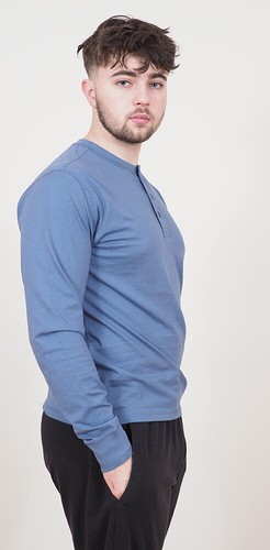 Mens Long Sleeve Cotton T-Shirt Regular Fit Crew Neck or Henley Top Lounge Work - Picture 58 of 72