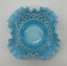 Fenton Hobnail Square Ruffle Edge Glass Dish Aqua Blue Glass 5.5” MCM Dish