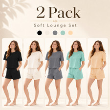 2 Pack Womens Pyjamas Shorts Set Summer Short Sleeve Loungewear Nightwear Pjs