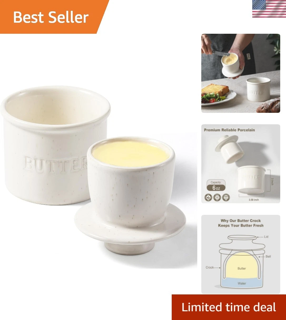 Butter Crock with Lid for Countertop - Ceramic French Butter Dish for Spreada...