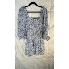 Forever 21 Womens Smocked Floral Print Square Neck Mini Dress Blue Size S