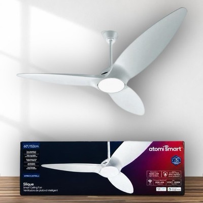 Slique 60  Outdoor Ceiling Fan. 3 Blade Pearl White Atomi Smart Fan with Light.