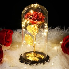 Artificial Red Rose Arrangement with Gold Leaves in Glass Dome with Lights