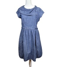 eShakti Blue Chambray Fit and Flare Short Dress Womens Medium Asymmetric Collar