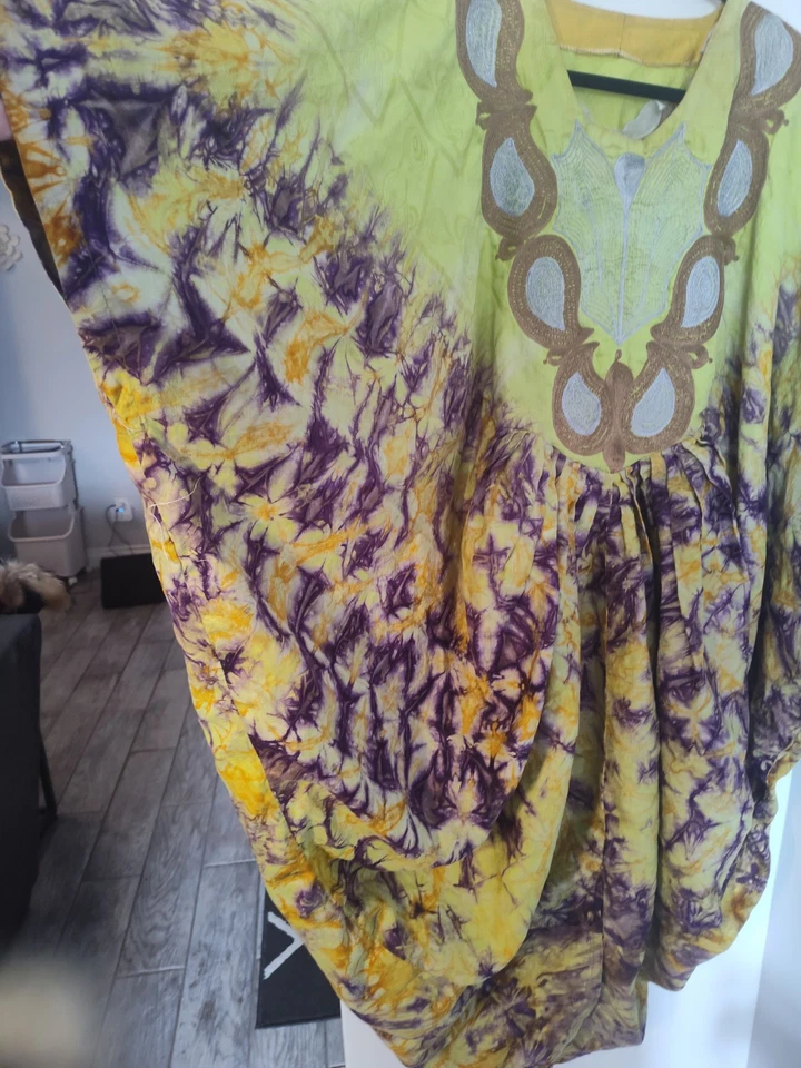 Caftán vintage boho, hippie amarillo y púrpura talla única Foto 2 de 4