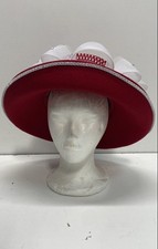 Women's Red Wool Church Dress Hat White Netting Rhinestone Trim Bows
