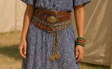 Vintage Gold Tone Fleur De Lis Charm Belt 39  Long festival boho layeredbelts