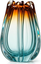 Hand Blown Glass Vase, 9.5" H Colorful Wide Mouth Ribbed