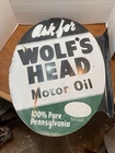 Vtg Wolf’s Head Motor Oil Flanged Metal 2 Sided Sign