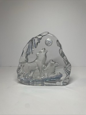 Crystal Etched Howling Wolves Coyote Howling Moon Sculpture Paperweight 6 