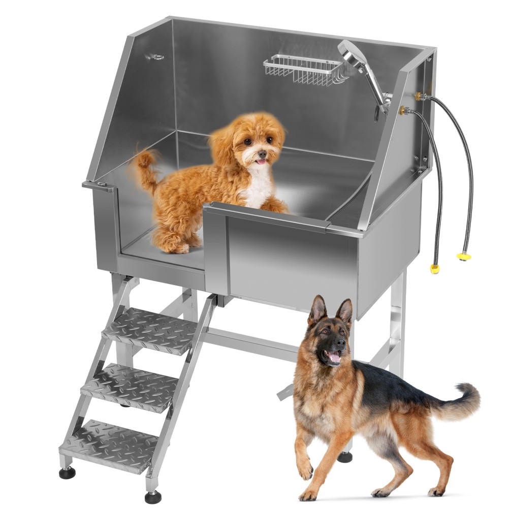 TOYANDONA  38" Stainless Steel Pet Grooming Tub Dog Bath Station & Stair Faucet