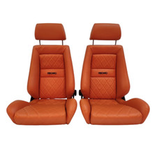 Pair Of Used Authentic Recaro Lx Orange Leather Solid Headrest Seats Racing Cars
