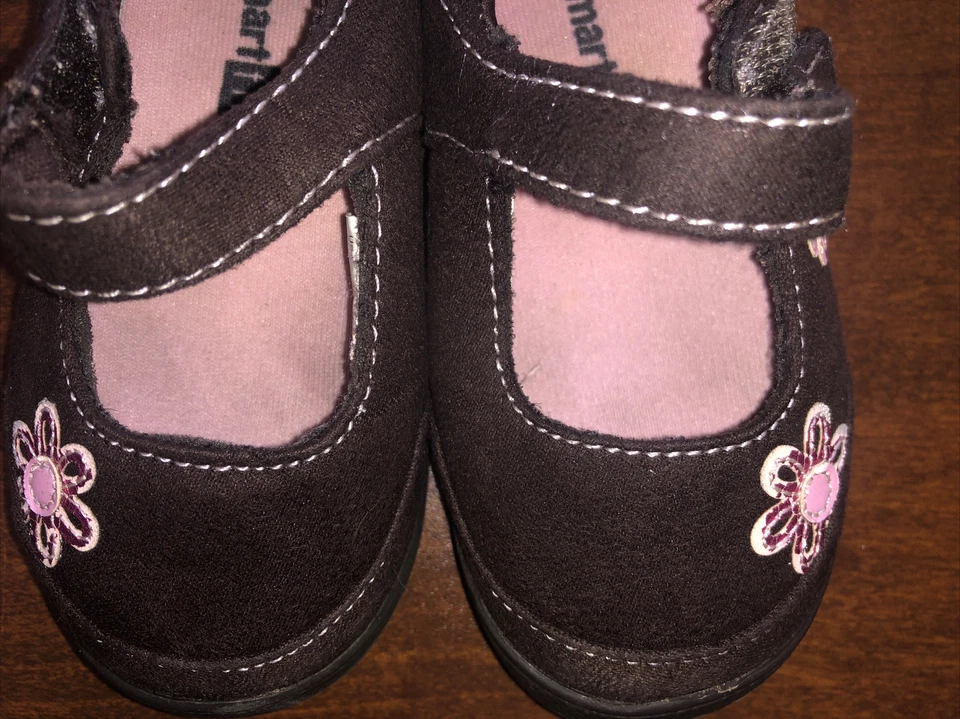 Girls Smart Fit Toddler Sz 6 1/2 Brown Suede Pink Flowers Maryjanes Dress Shoes - Image 2 of 4