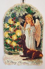 ANGEL, DEER, CANDLE LIT TREE, SNOWY ARCH * Glitter CHRISTMAS ORNAMENT * Vtg Img
