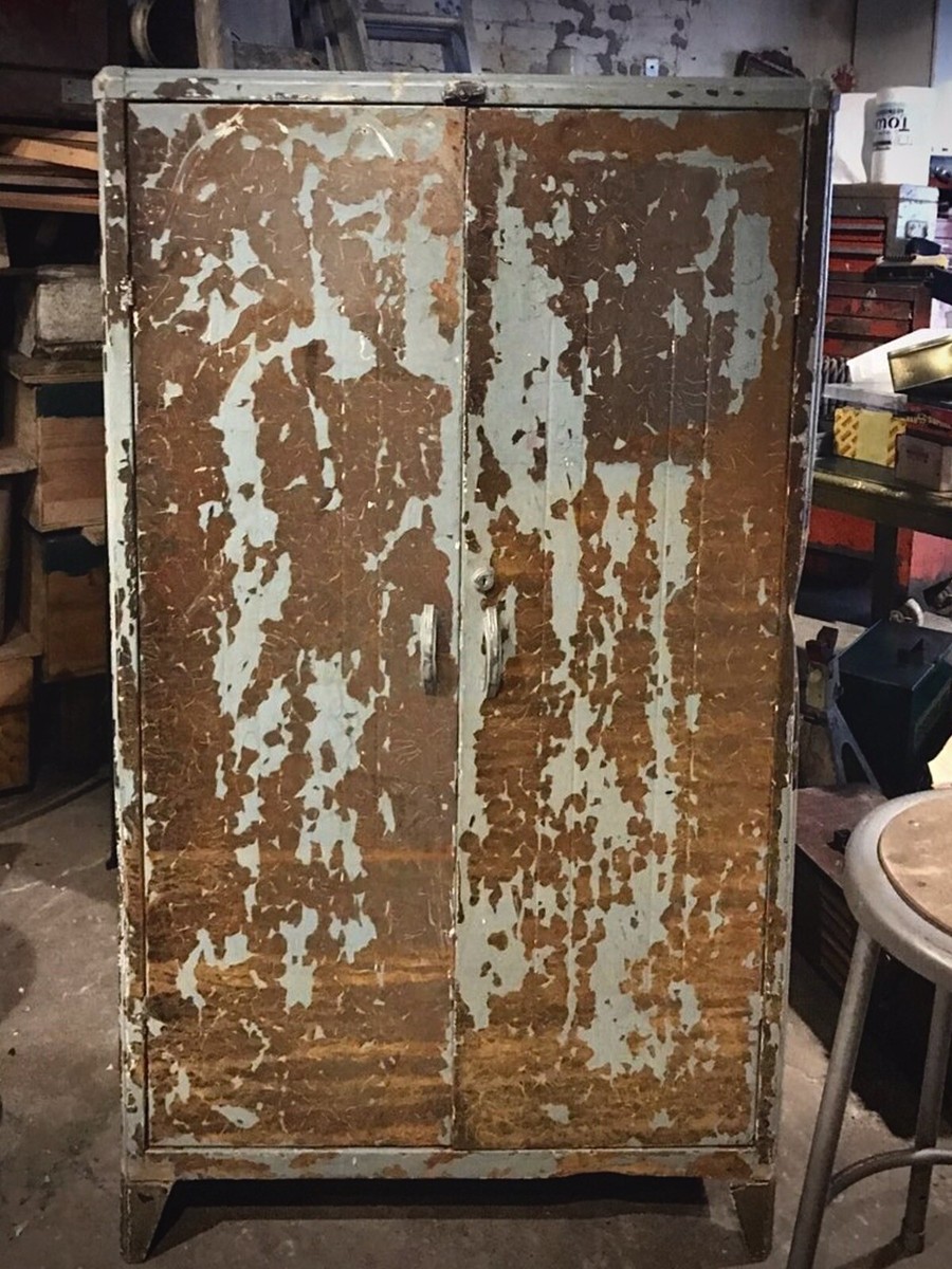 Vintage 2 Door Metal Storage Cabinet Distressed Locker Art Deco