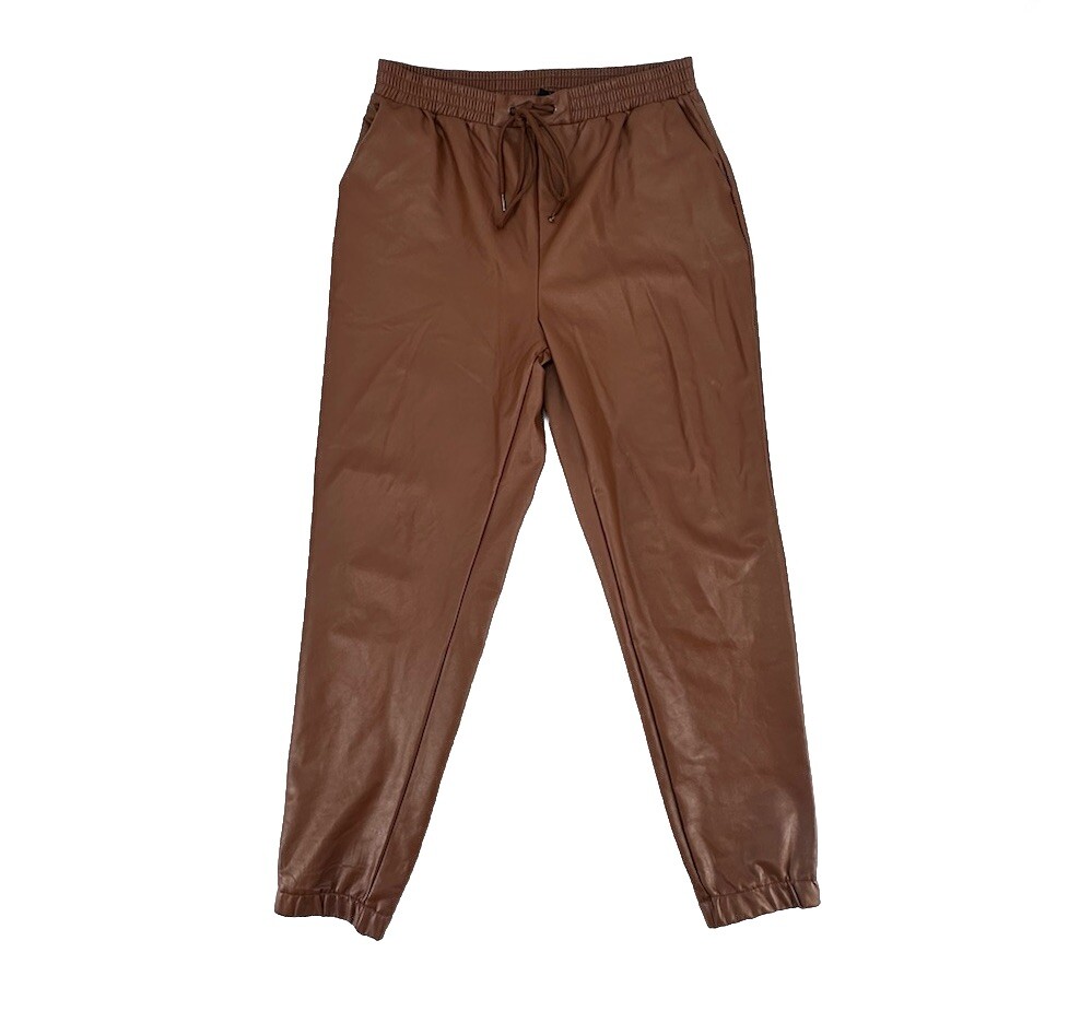 21 Saints Women Large Brown Faux Leather Joggers Pants Drawstring 4-6