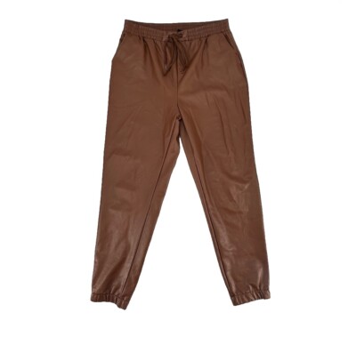 21 Saints Women Large Brown Faux Leather Joggers Pants Drawstring