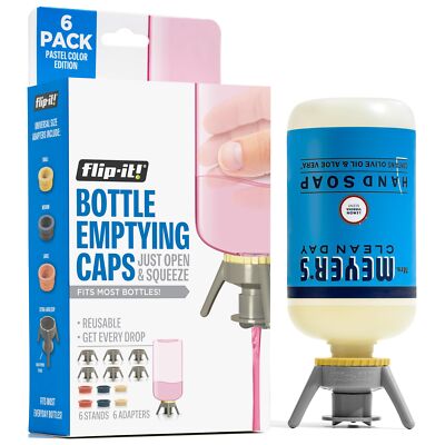 Flip It Bottle Emptying Kit 6 Pack Pastel 38mm Base Caps Adapters Universal Fit