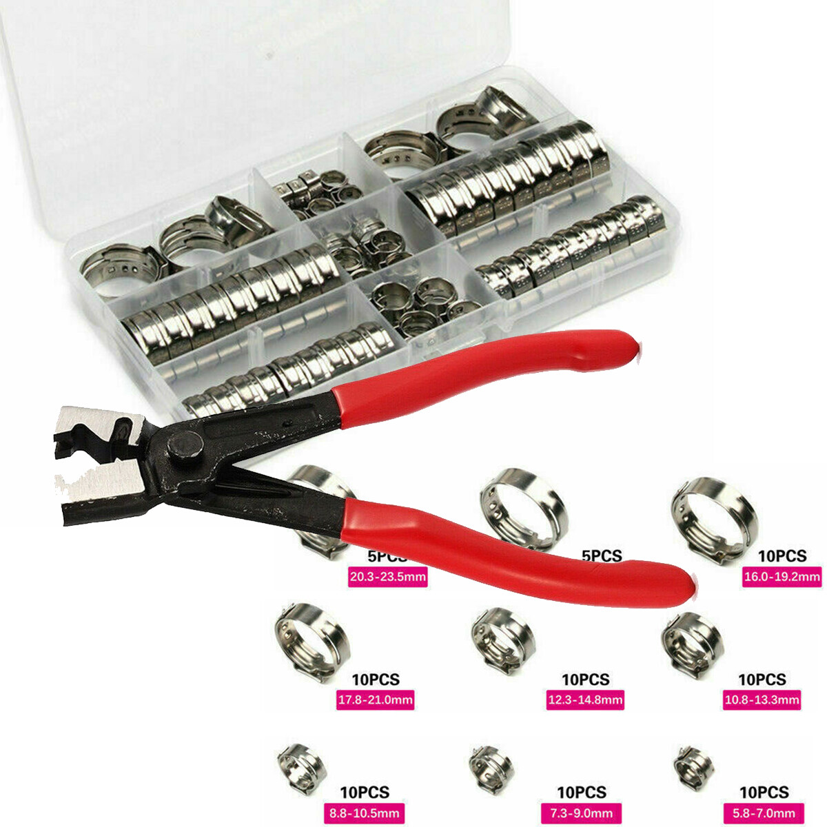 Pliers + 80PCS Single Ear Hose Clamps Assorted Stainless Steel O Fuel Pipe Clip